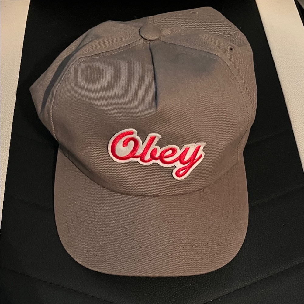 Obey Taupe Cap with Red Script Logo